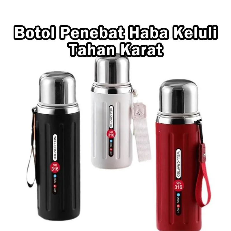 Botol Air Penebat Keluli Tahan Karat 316, Termos Vakum Kapasiti Besar untuk Luar & Perjalanan