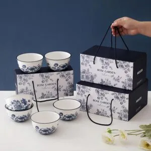 Set Hadiah Mangkok Seramik Ros Biru & Putih, Set Peralatan Makan Rumah Baharu dengan Kotak Hadiah