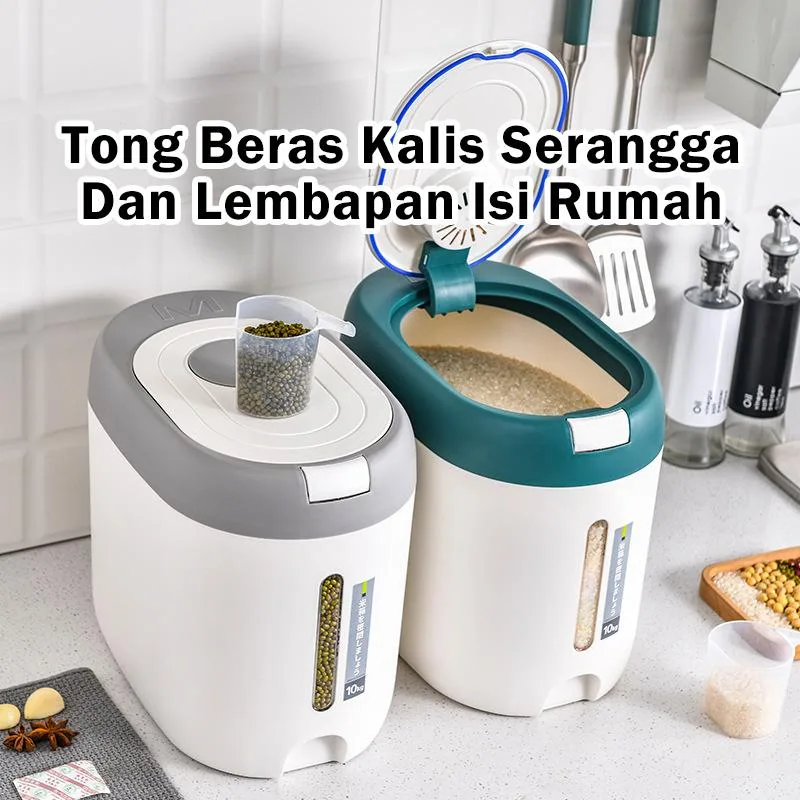 Bekas Beras Kedap Udara 5KG 10KG, Dispenser Beras Bertutup Rapat, Kotak Simpanan Dapur untuk Tepung & Bijirin