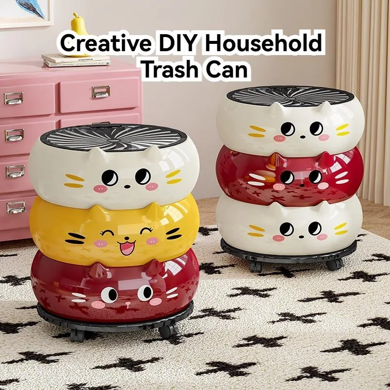 Tong Sampah Kreatif Berroda Estetik Tinggi Penutup Flip Boleh Gerak Untuk Dapur Bilik Air Bilik Tidur