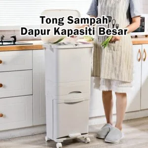 Tong Sampah Dapur Besar dengan Penutup Automatik, Dua Lapisan, Pemisahan Kering & Basah, Sesuai untuk Kegunaan Rumah