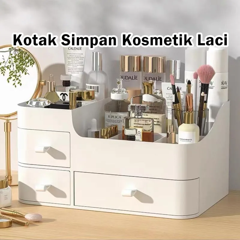 Kotak Simpanan Kosmetik Gaya Laci, Saiz Besar, Pengatur Skincare Plastik Meja