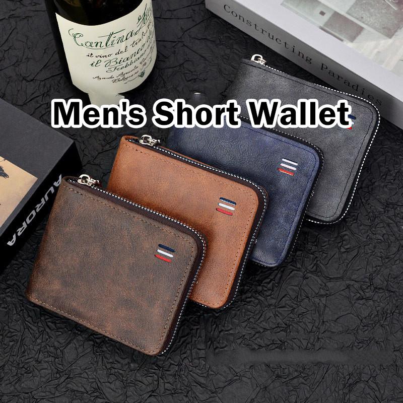 Dompet Lelaki Pendek Warna Polos Minimalis Belia Tiga Lipat Serbaguna Dengan Zip Untuk Syiling