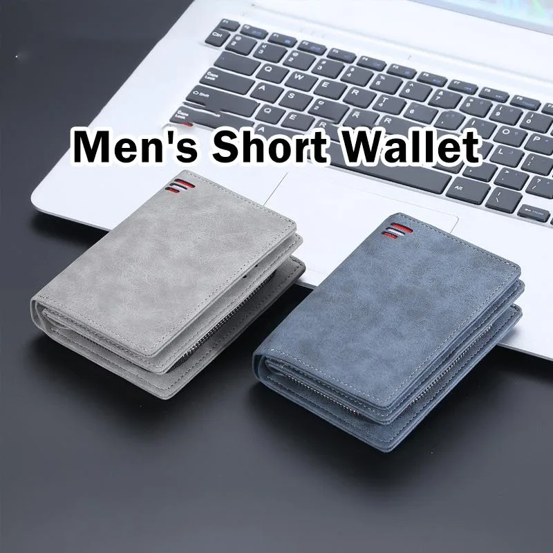 Dompet Lelaki Pendek Eropah Amerika Banyak Slot Kad Dengan Zip Dan Butang Kulit Matte Serbaguna