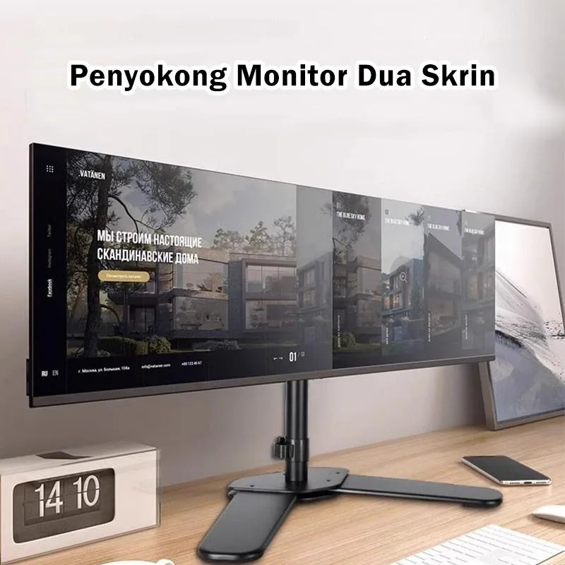 Pendakap Lengan Monitor Berkembar, Tapak Skrin Boleh Laras, Pemegang Monitor Meja Berpusing Tanpa Gerudi