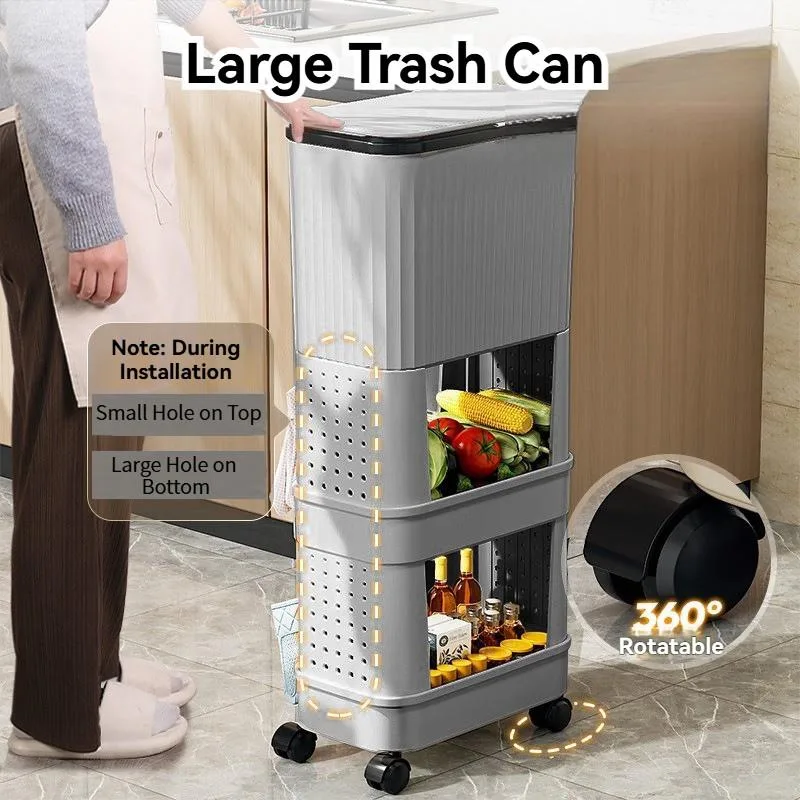 Tong Sampah Dapur Tinggi Mudah Alih Kapasiti Besar Dengan Penutup Gelongsor Tidak Perlu Membongkok