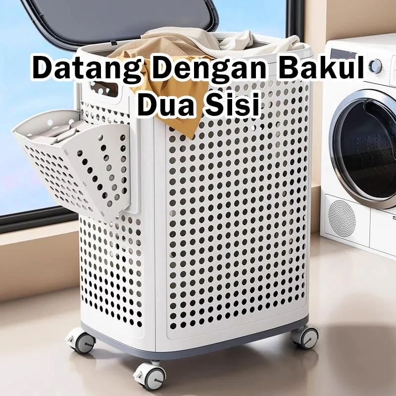 Bak Baju Kapasiti Besar dengan Roda Berpecah Pecah Bak Pakaian Kotor Bilik Mandi Penyimpanan Rumah
