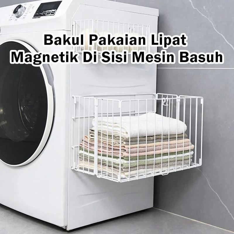 Bak Baju Magnetik Lipat Gantung Dinding Sisi Mesin Basuh Bak Pakaian Kotor Tanpa Bor Penyimpanan Rumah