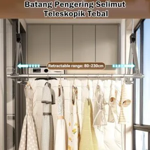 Rak Jemuran Pakaian Keluli Tahan Karat Tanpa Bor Dua Rod dengan Cangkuk Anti Angin Boleh Laras Balkoni Rod Dobi