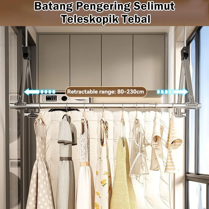 Rak Jemuran Pakaian Keluli Tahan Karat Tanpa Bor Dua Rod dengan Cangkuk Anti Angin Boleh Laras Balkoni Rod Dobi