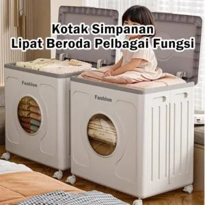 Kotak Simpanan 160L Kapasiti Besar, Serbaguna Beroda Plastik dengan Penutup Lipat untuk Pakaian & Mainan