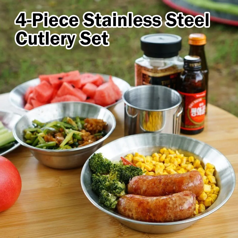 4Pcs Outdoor Tableware Set Stainless Steel Bowls Plates & Saucers Pinggan dan mangkuk