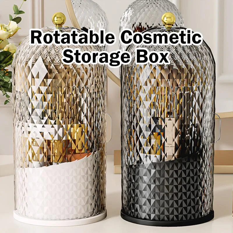 Clear Rotating Makeup Organizer Desktop Compartment Storage Box With Lid Dustproof Rak Kosmetik Berputar