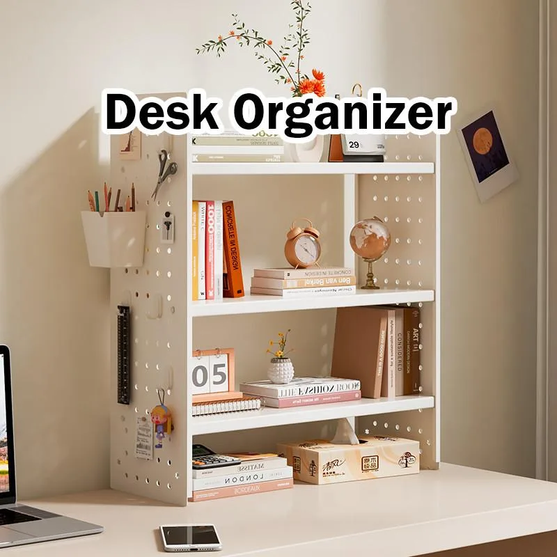 Pegboard Desktop Bookshelf Organizer Rack Office Workstation Multi Tier Rak Penyusun Meja