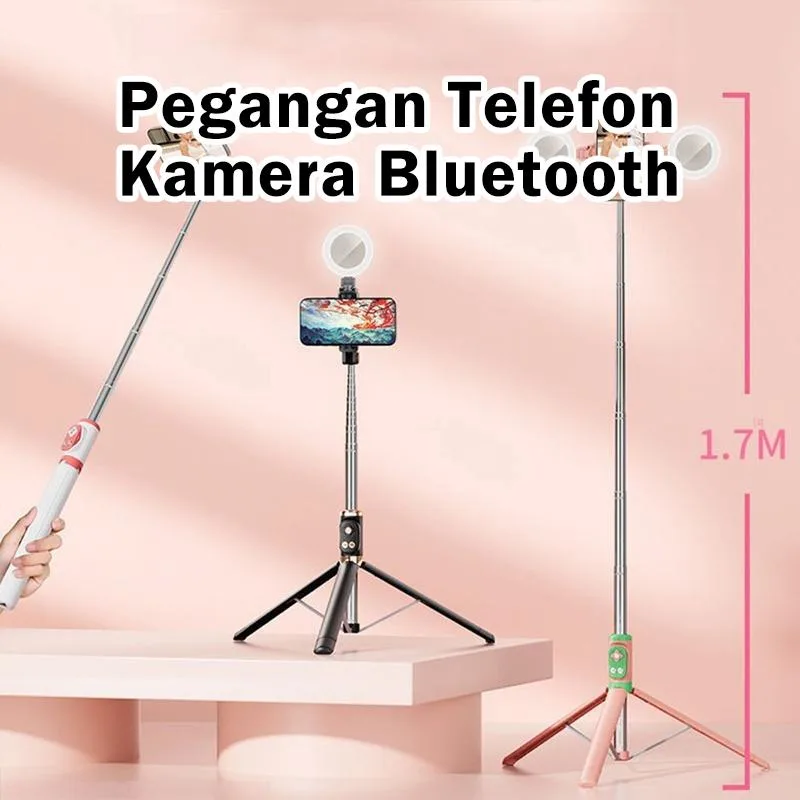 Selfie Stick Bluetooth 1.7M dengan Tripod & Alat Kawalan Jauh, Sesuai untuk TikTok Live, Fotografi & Tapak Telefon