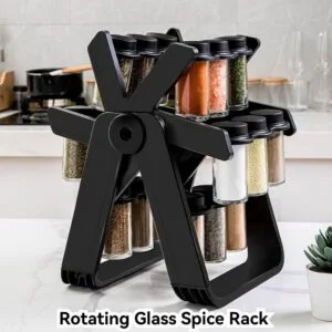 Kitchen Rotating Glass Spice Rack Set Condiment Jar Seasoning Bottle Container Organizer Rak Perasa Berputar 360