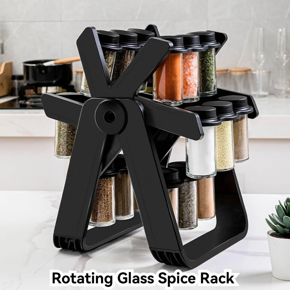 Kitchen Rotating Glass Spice Rack Set Condiment Jar Seasoning Bottle Container Organizer Rak Perasa Berputar 360