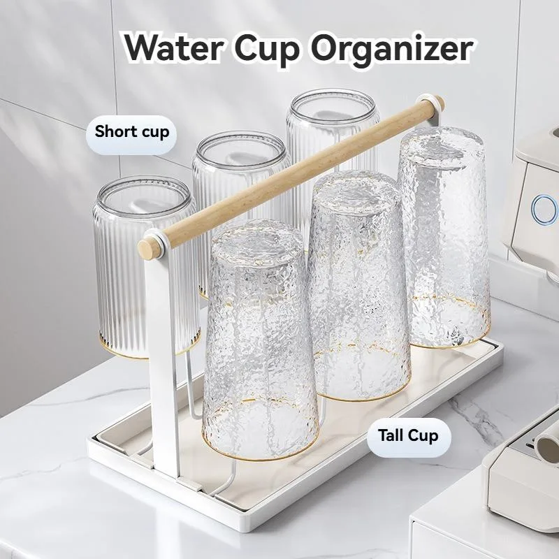 Japanese Style Iron Cup Rack Wooden Handle Inverted Drying Mug Holder No Drilling Storage Rack Rak Cawan