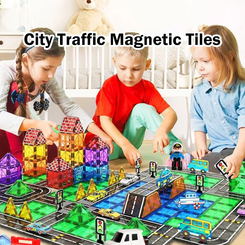 City Traffic Magnetic Tiles Engineering Construction Building Blocks Educational Assembly Toy Jubin Magnet