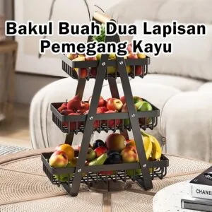 Bakul Simpanan Dua Lapisan dengan Pemegang Kayu, Bakul Penapis Sayur & Buah