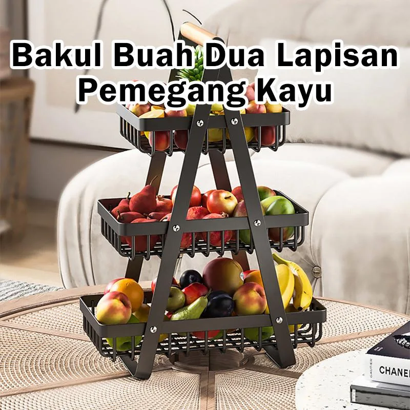 Bakul Simpanan Dua Lapisan dengan Pemegang Kayu, Bakul Penapis Sayur & Buah