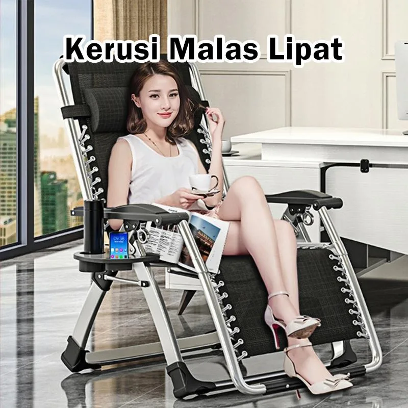 Kerusi Malas Ergonomik Hitam dengan Pemegang Cawan & Dulang, Kerusi Santai Lipat Mudah Alih, Kerusi Rehat Berbaring