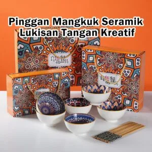 Set Mangkok & Chopstick Seramik Bohemian, Peralatan Makan Lukisan Tangan Hadiah untuk Rumah & Rakan
