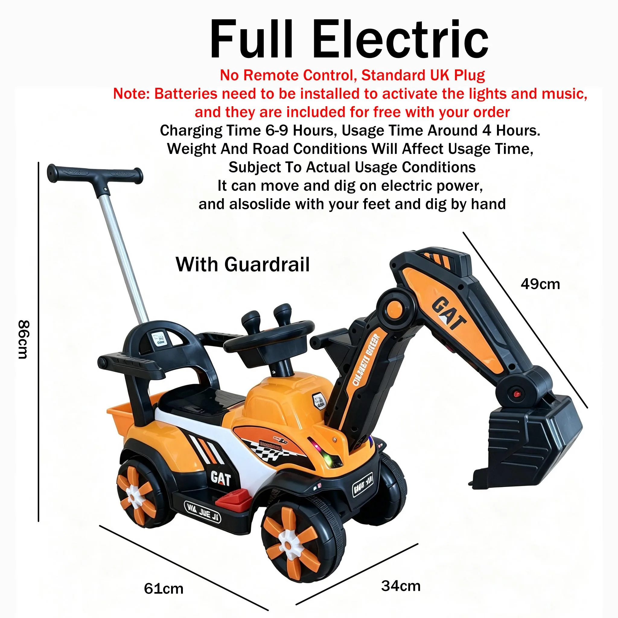 Mainan Jengkaut Elektrik Sit & Ride untuk Kanak-Kanak 1-5 Tahun dengan Lengan Gali - Image 2