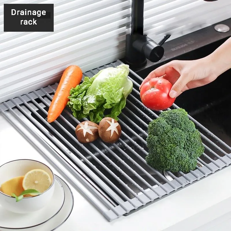Rak Saliran Sinki Dapur, Rak Pinggan Silikon Boleh Lipat, Rak Pengering Pinggan Atas Sinki & Bakul Simpanan - Image 2