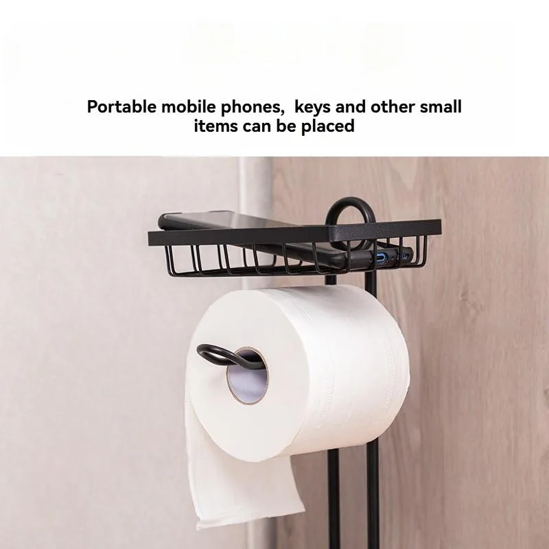 Drill Free Floor Toilet Paper Stand Bathroom Phone Holder Storage Organizer Pemegang Tisu - Image 2