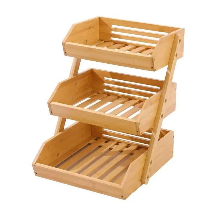 Bamboo Wood 3 Tier Fruit Vegetable Basket Drainage Rack Kitchen Storage Organizer Rak Sayur Peniris Air - Image 2