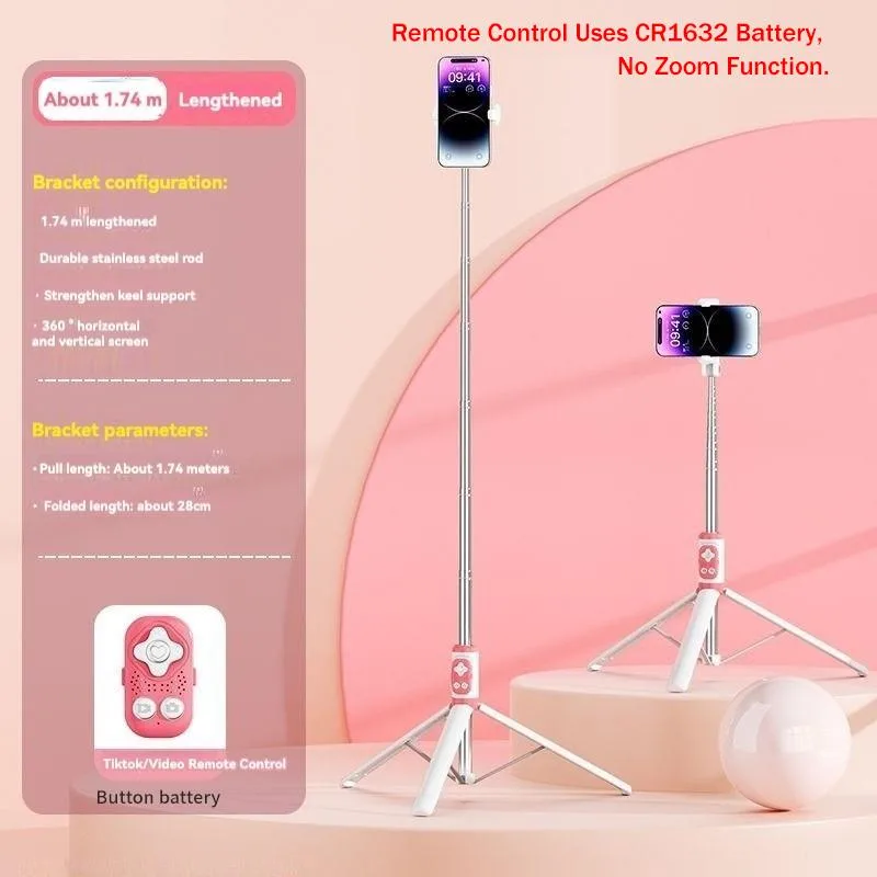 Selfie Stick Bluetooth 1.7M dengan Tripod & Alat Kawalan Jauh, Sesuai untuk TikTok Live, Fotografi & Tapak Telefon - Image 2