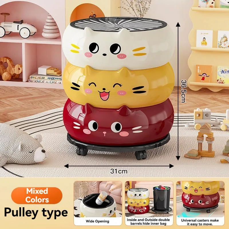 Tong Sampah Kreatif Berroda Estetik Tinggi Penutup Flip Boleh Gerak Untuk Dapur Bilik Air Bilik Tidur - Image 3