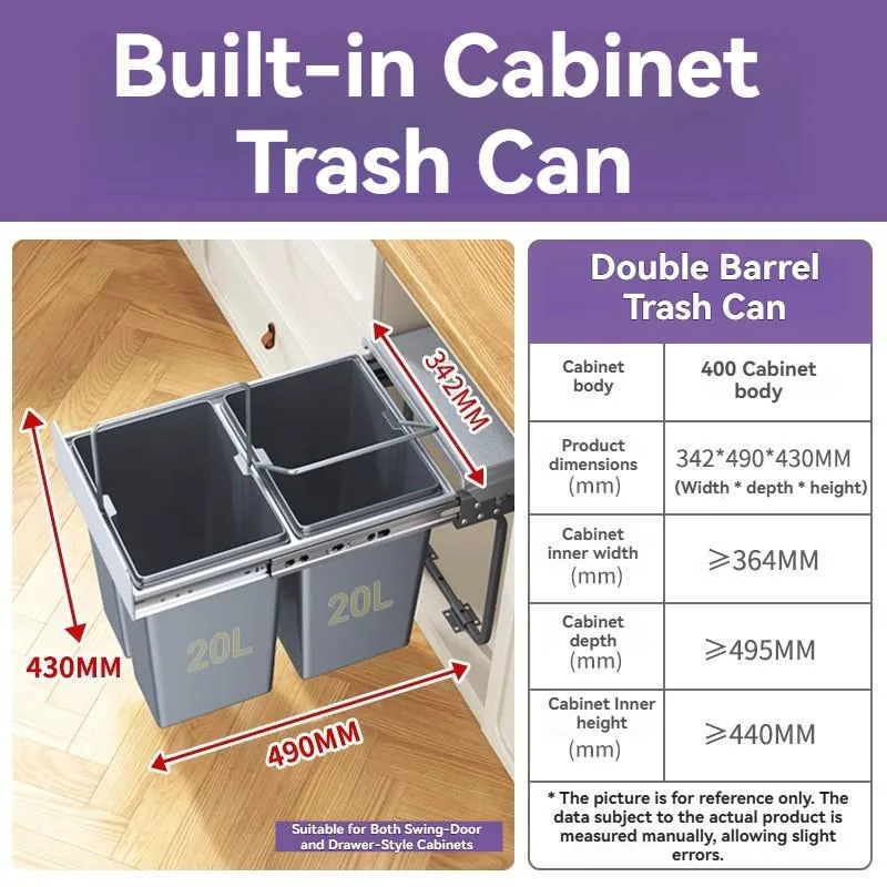 Tong Sampah Dapur Terbenam Kabinet Dua Tong Berpenutup Bakul Tarik Tersembunyi Pemisahan Basah Kering Kegunaan Rumah - Image 3