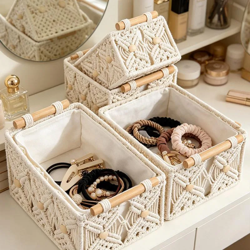 Set Bakul Penyimpanan Tali Kapas Tenunan Tangan Untuk Meja & Barang-Barang - Image 3