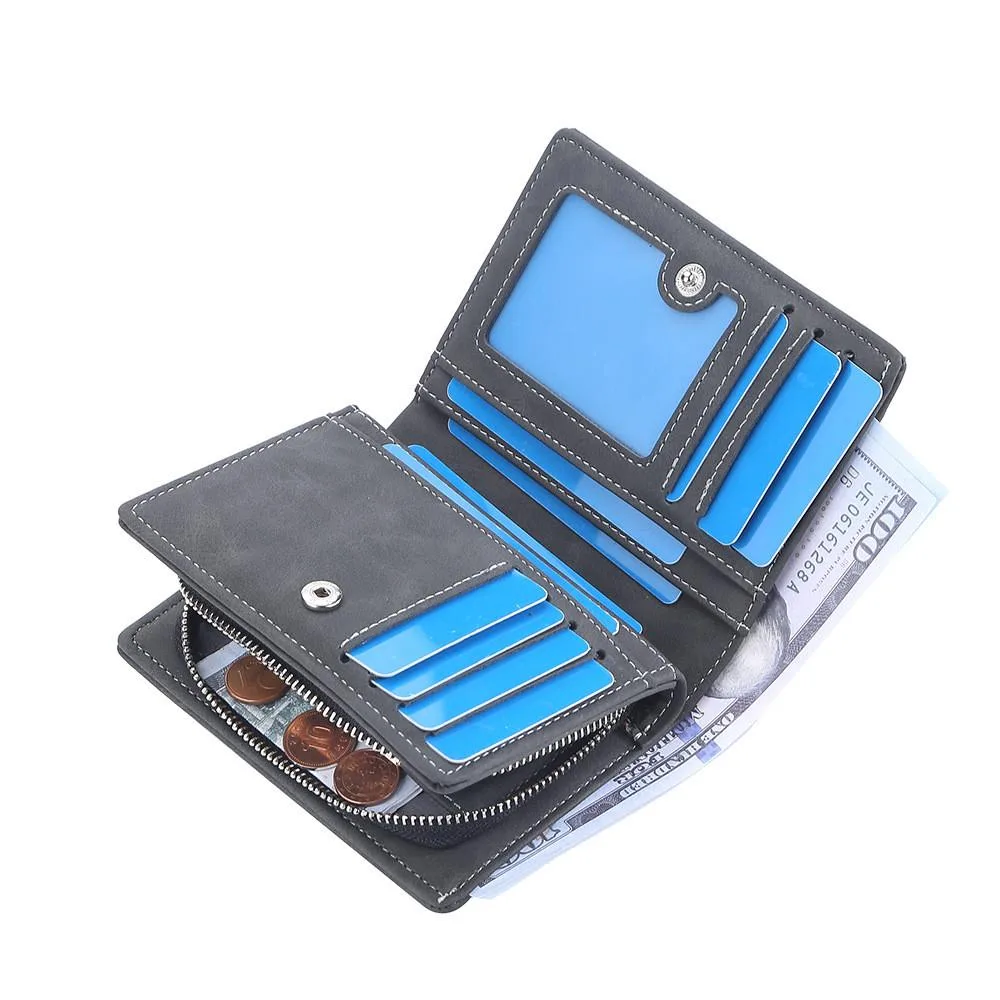 Dompet Lelaki Pendek Eropah Amerika Banyak Slot Kad Dengan Zip Dan Butang Kulit Matte Serbaguna - Image 3