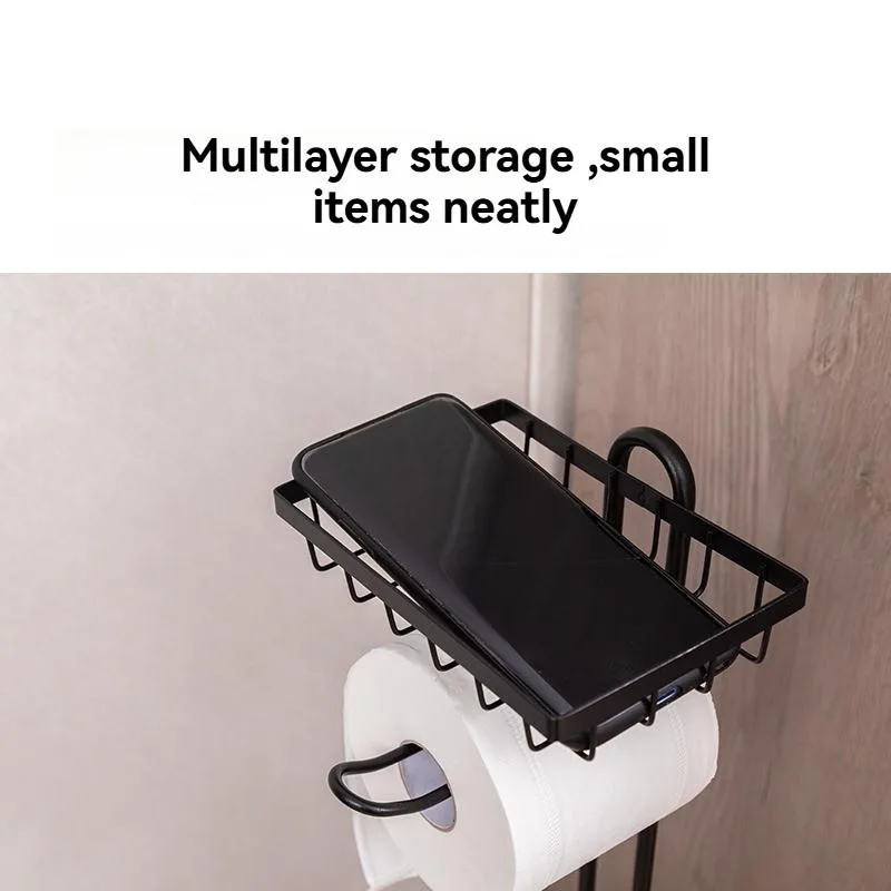 Drill Free Floor Toilet Paper Stand Bathroom Phone Holder Storage Organizer Pemegang Tisu - Image 3