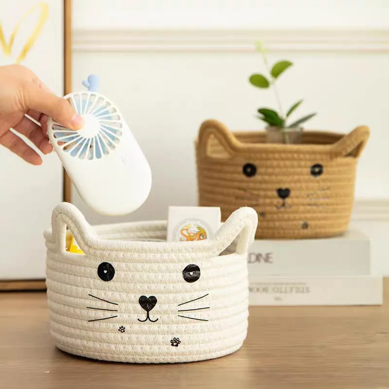 Cotton Rope Woven Desktop Storage Box Home Organizer Cotton Linen Snack Clutter Basket Kotak Penyimpanan Meja - Image 3