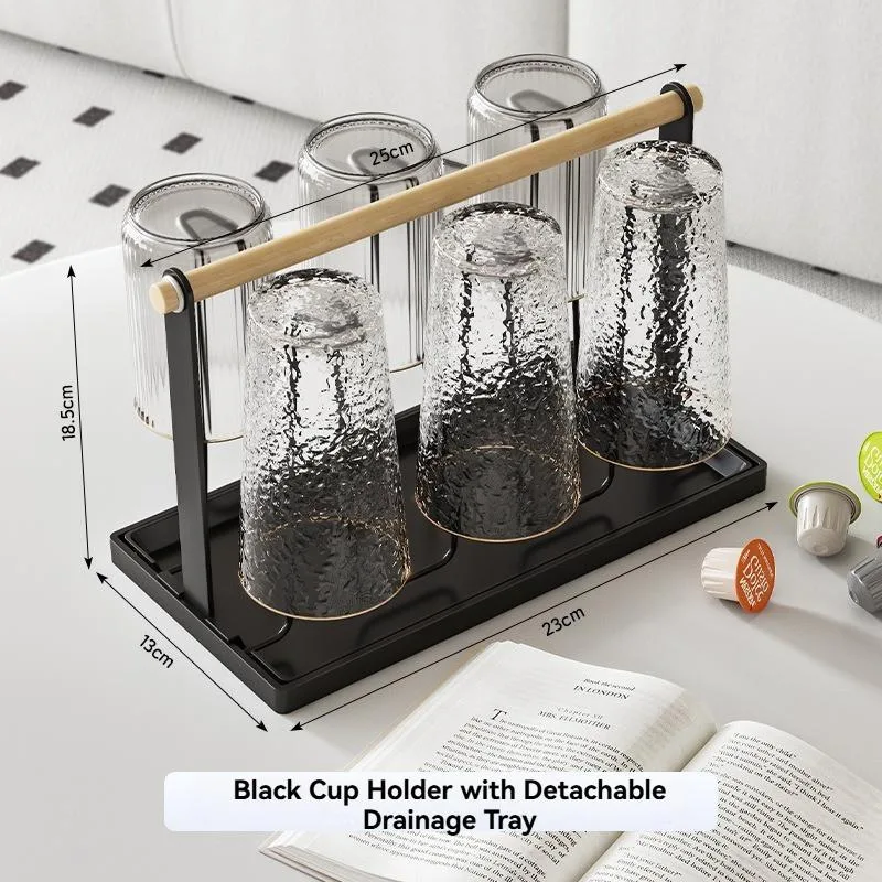 Japanese Style Iron Cup Rack Wooden Handle Inverted Drying Mug Holder No Drilling Storage Rack Rak Cawan - Image 3
