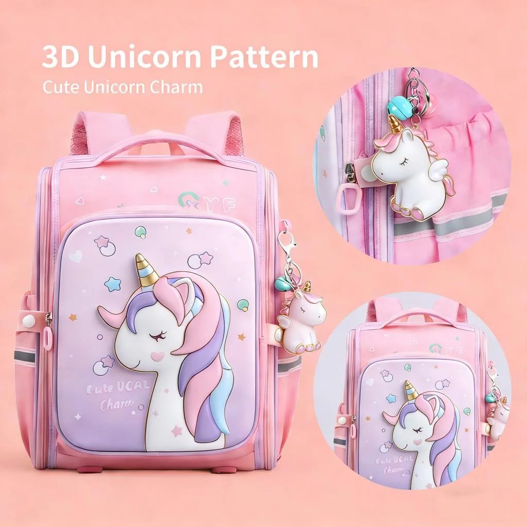 Unicorn Cartoon Backpack Ergonomic Anti-Backpack for Boys and Girls Grades 1-3 Beg Galas Pelajar - Image 3