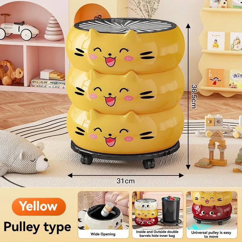 Tong Sampah Kreatif Berroda Estetik Tinggi Penutup Flip Boleh Gerak Untuk Dapur Bilik Air Bilik Tidur - Image 4