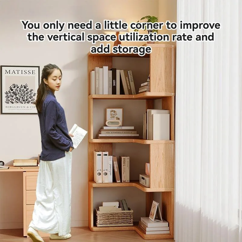 Solid Wood Corner Bookshelf Floor Standing Space Saving Storage Rack Home Organizer Rak Buku Penjuru Bentuk-L - Image 4