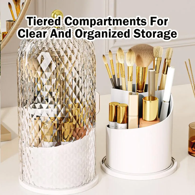Clear Rotating Makeup Organizer Desktop Compartment Storage Box With Lid Dustproof Rak Kosmetik Berputar - Image 4