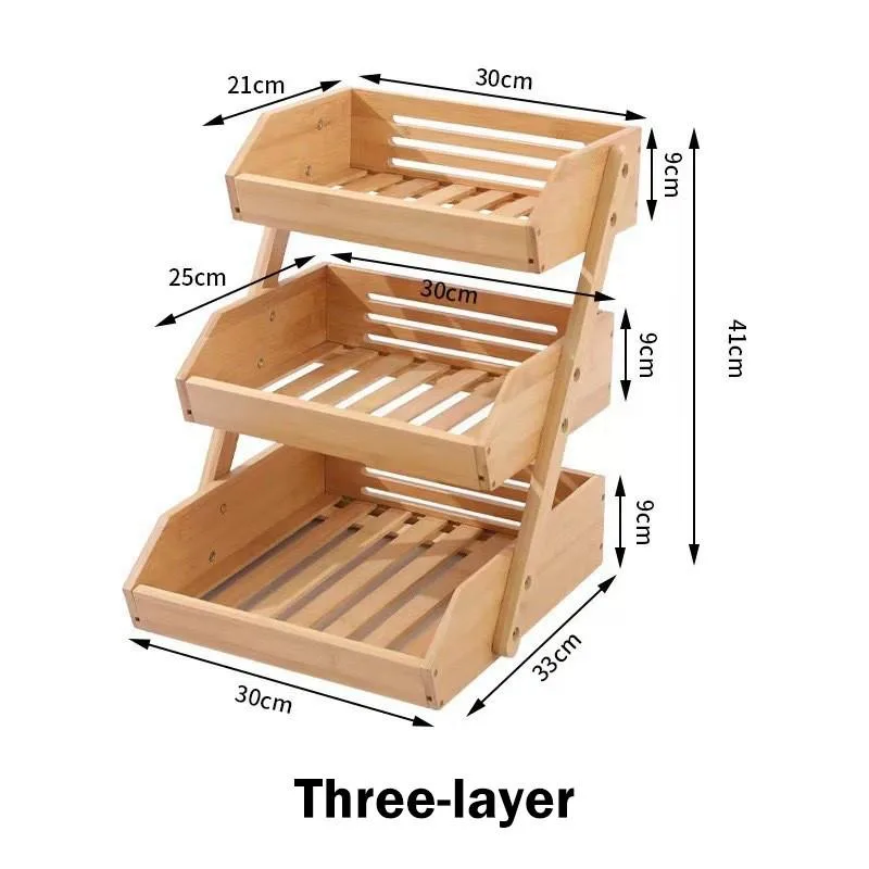 Bamboo Wood 3 Tier Fruit Vegetable Basket Drainage Rack Kitchen Storage Organizer Rak Sayur Peniris Air - Image 4