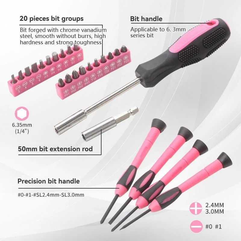 Set Alat Wanita 39 Keping Warna Merah Jambu, Set Pemutar Skru & Peralatan Baiki Rumah Manual - Image 4