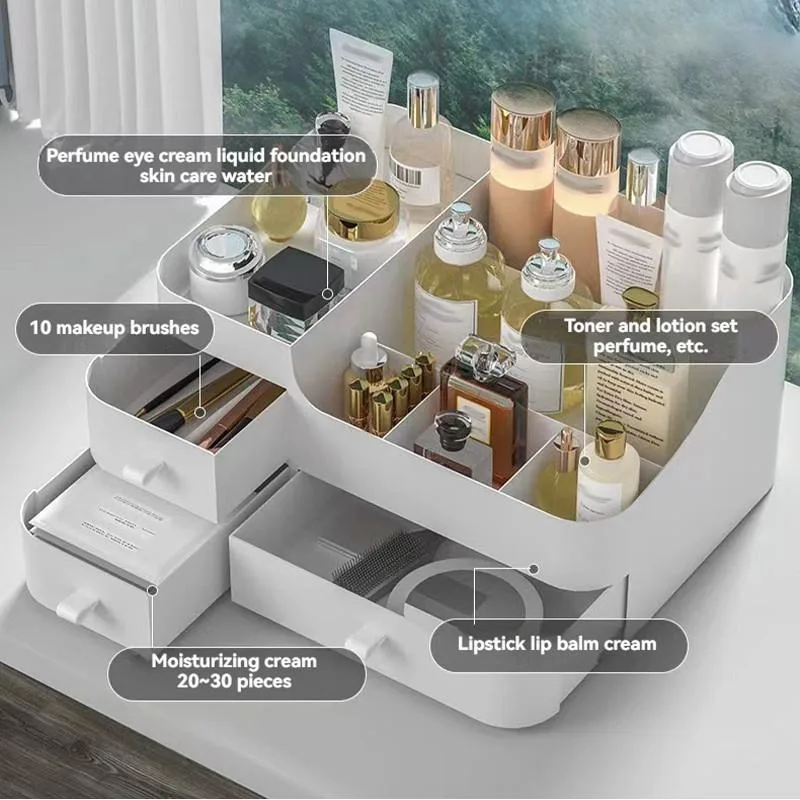 Kotak Simpanan Kosmetik Gaya Laci, Saiz Besar, Pengatur Skincare Plastik Meja - Image 5