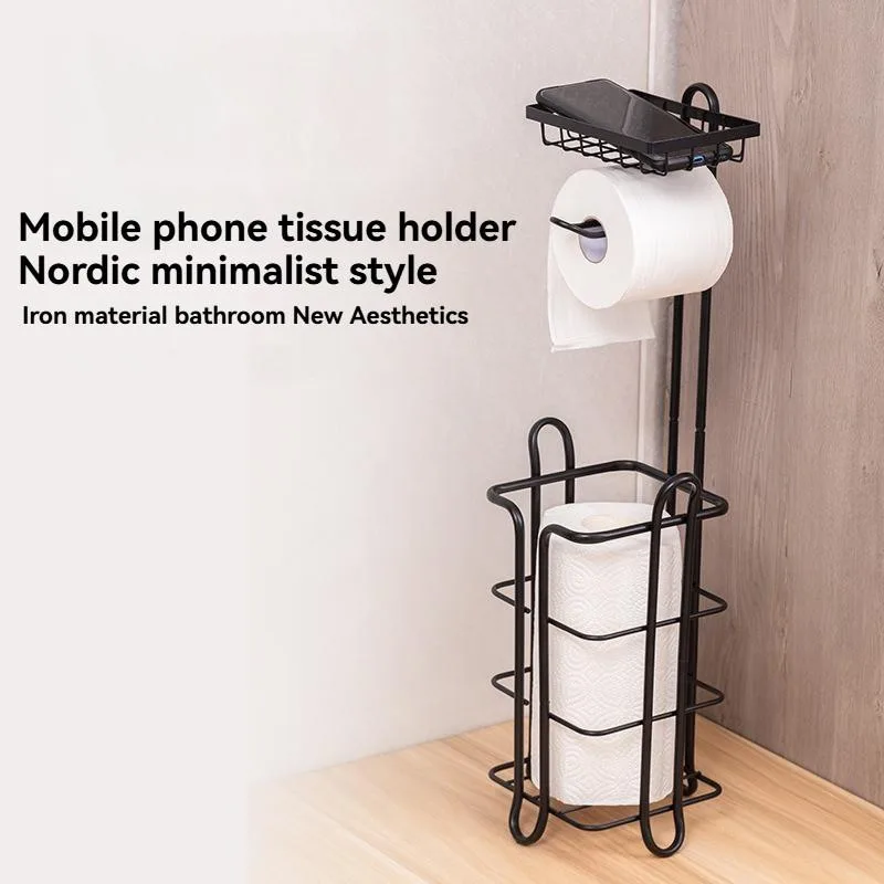 Drill Free Floor Toilet Paper Stand Bathroom Phone Holder Storage Organizer Pemegang Tisu - Image 5