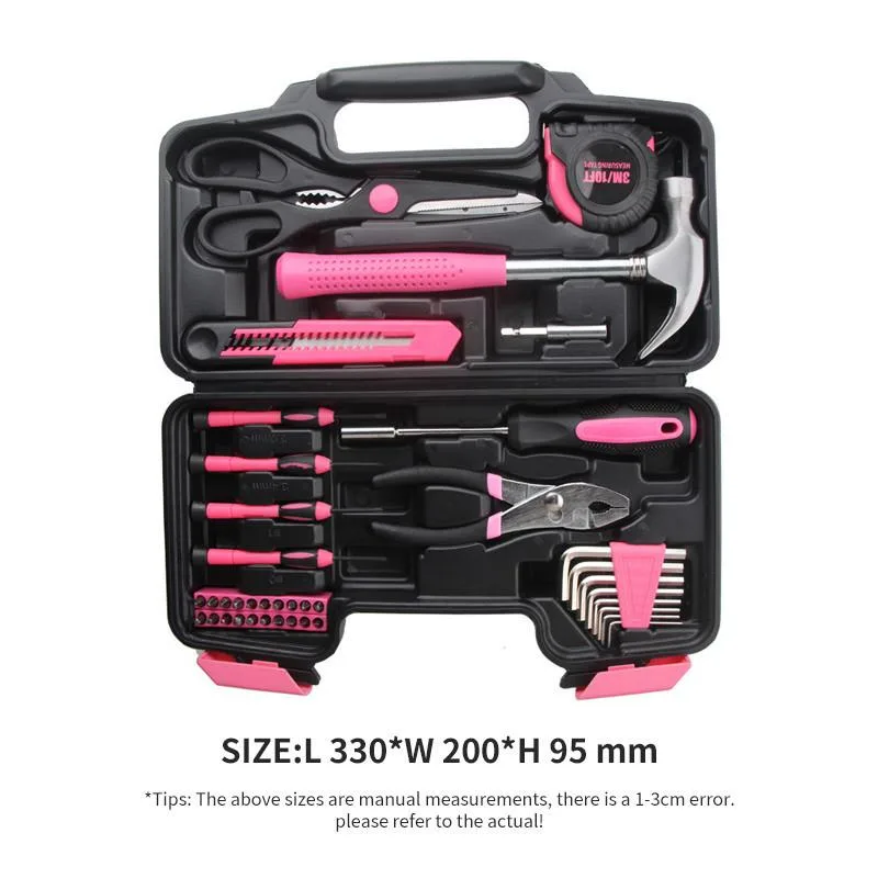 Set Alat Wanita 39 Keping Warna Merah Jambu, Set Pemutar Skru & Peralatan Baiki Rumah Manual - Image 5