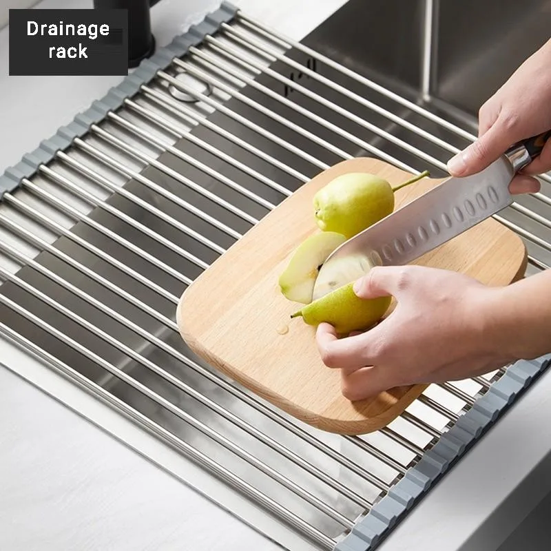 Rak Saliran Sinki Dapur, Rak Pinggan Silikon Boleh Lipat, Rak Pengering Pinggan Atas Sinki & Bakul Simpanan - Image 6