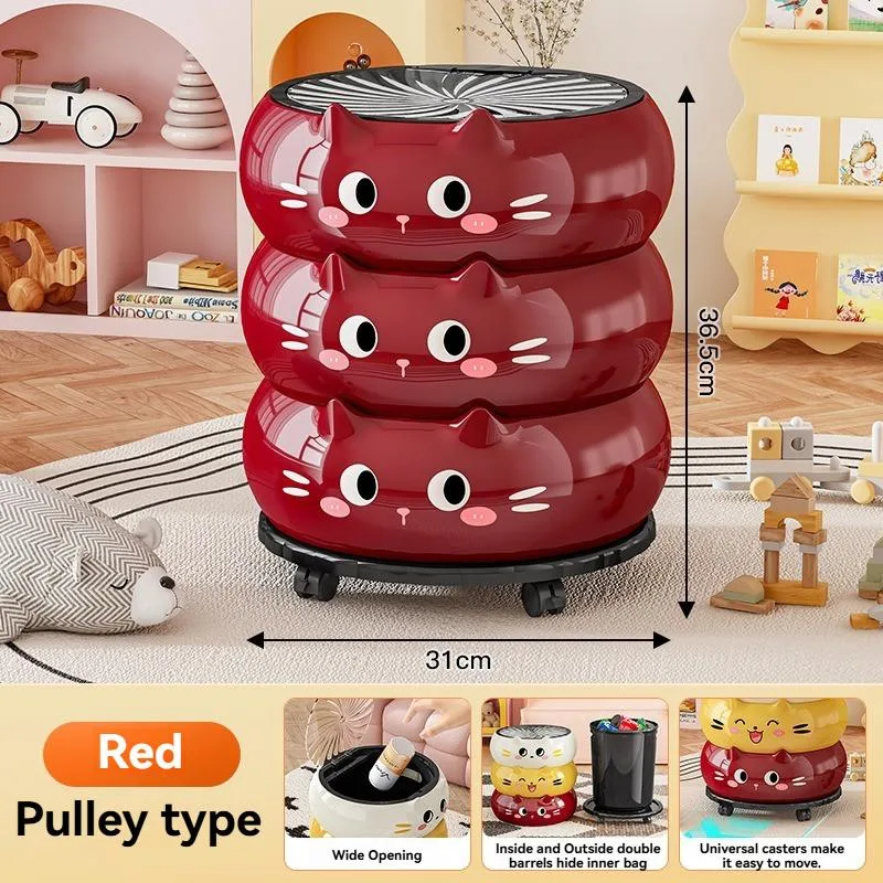 Tong Sampah Kreatif Berroda Estetik Tinggi Penutup Flip Boleh Gerak Untuk Dapur Bilik Air Bilik Tidur - Image 6